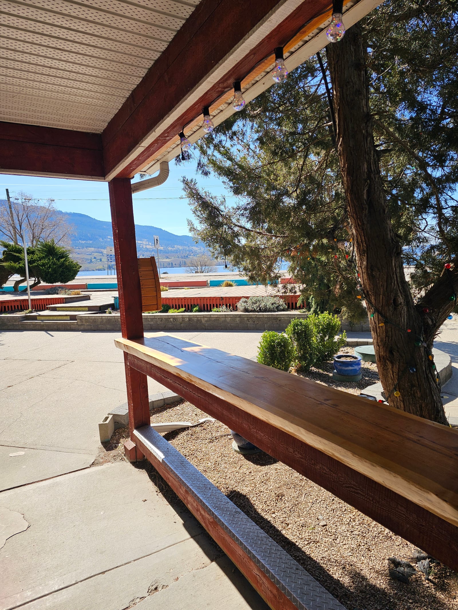 The covered deck at Lu Lou's looking toward Wood Lake, a short drive north from Winfield, BC